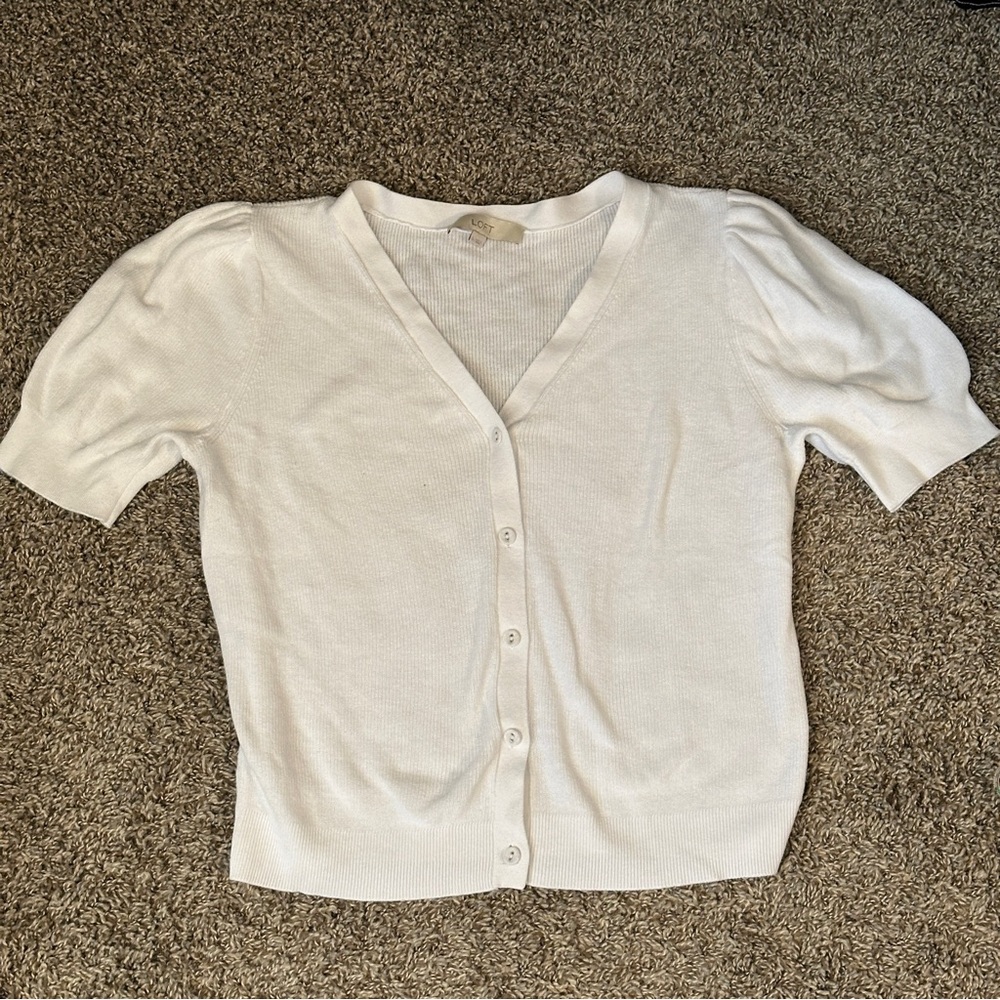 Loft White Short Sleeve button Cardigan